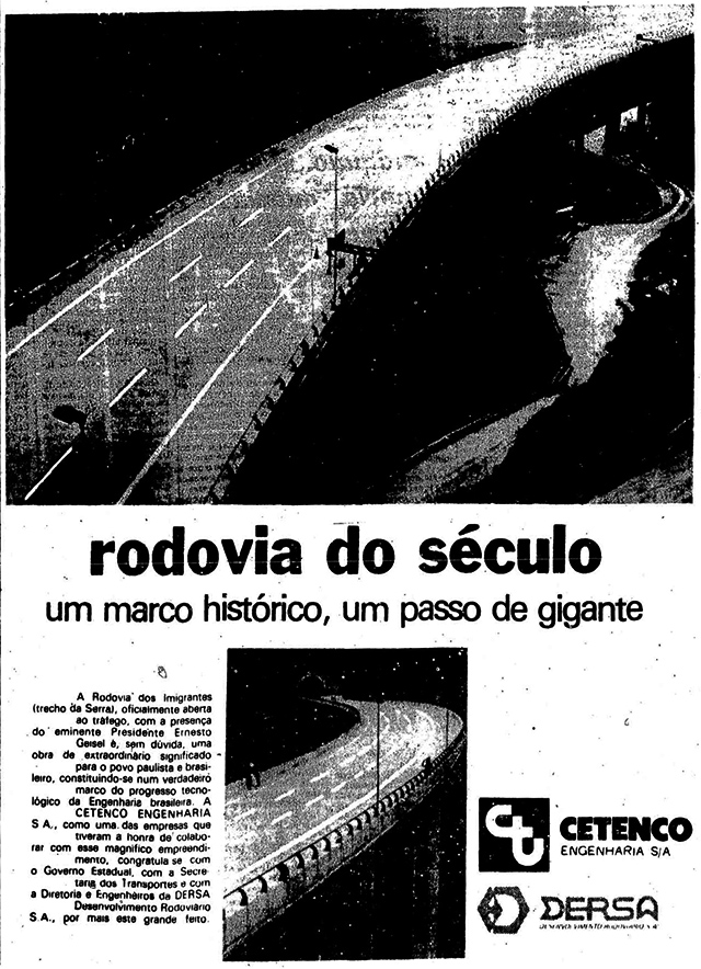 Anúncio veiculado em jornal no dia da inauguração da rodovia